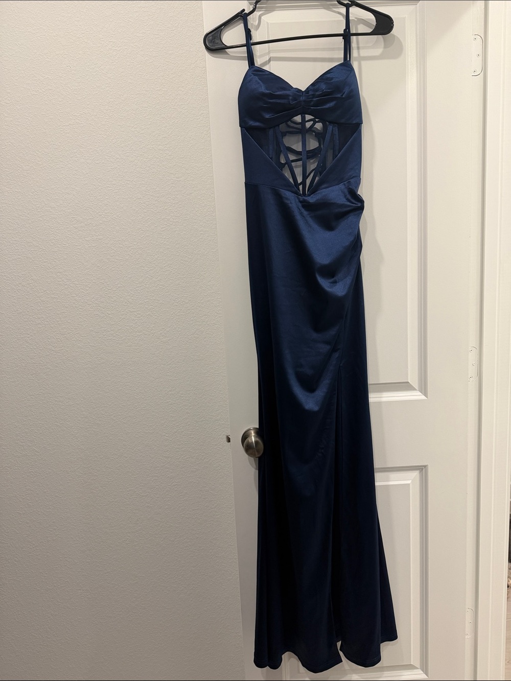 Windsor Navy Satin Spaghetti-Strap Prom Gown with Front Lace-Up